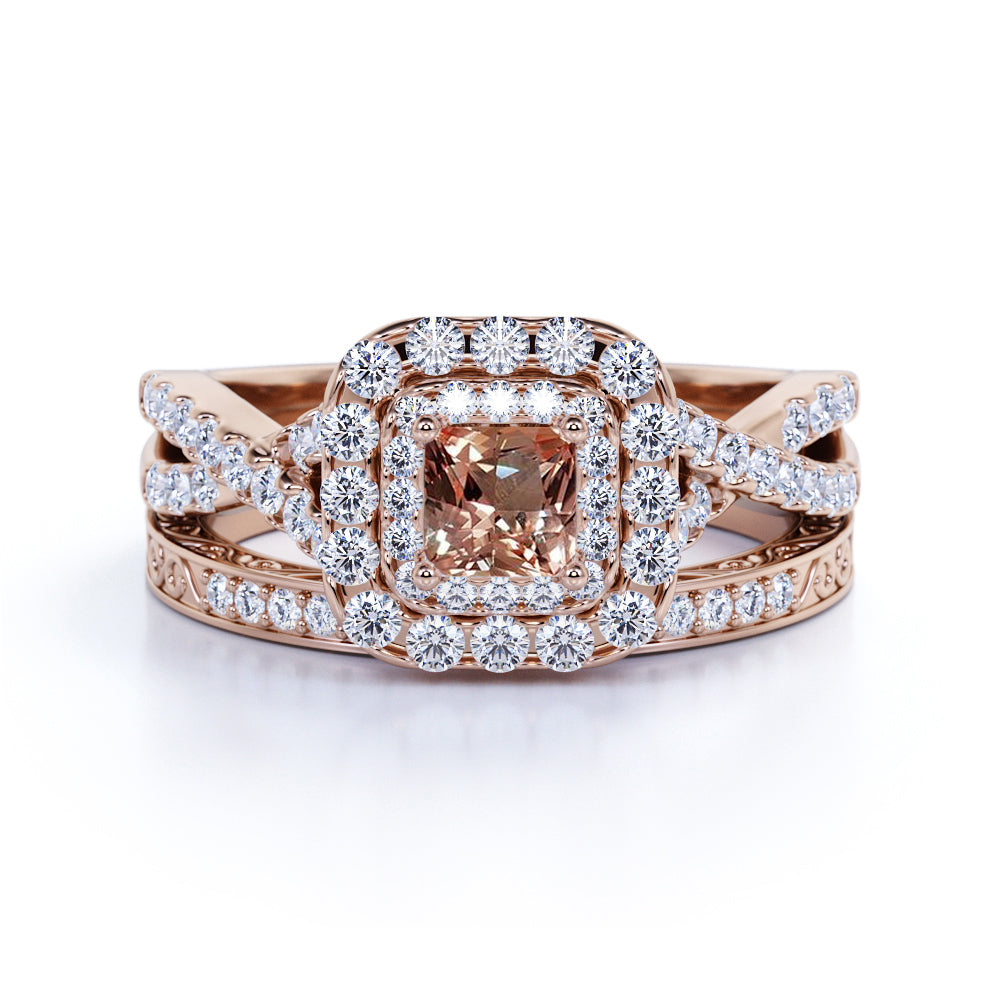 JeenMata 1.25 CT - Princess Cut - Champagne created morganite - Double Halo - Twisted Band - Vintage Inspired - Wedding Ring Set in 18K Rose Gold over Silver