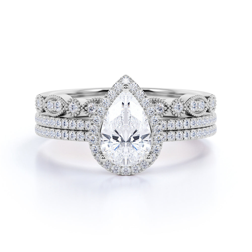 Pave 2 Carat Pear Cut Moissanite Halo Trio Set