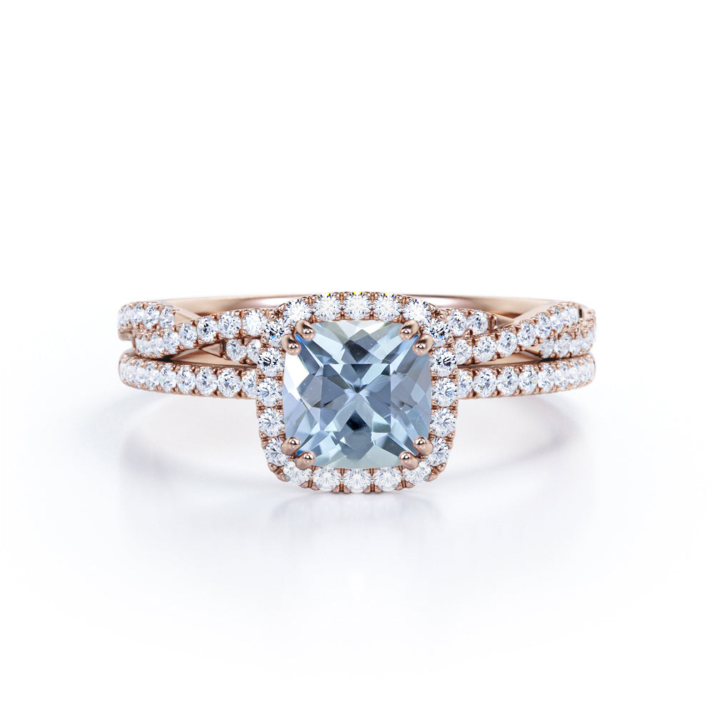 JeenMata Halo Prong Set - 1.5 Carat Cushion Cut Seafoam Created Aquamarine and Moissanite - Pave Twisted Infinity Wedding Ring Set - 18K White Gold Plating over Silver