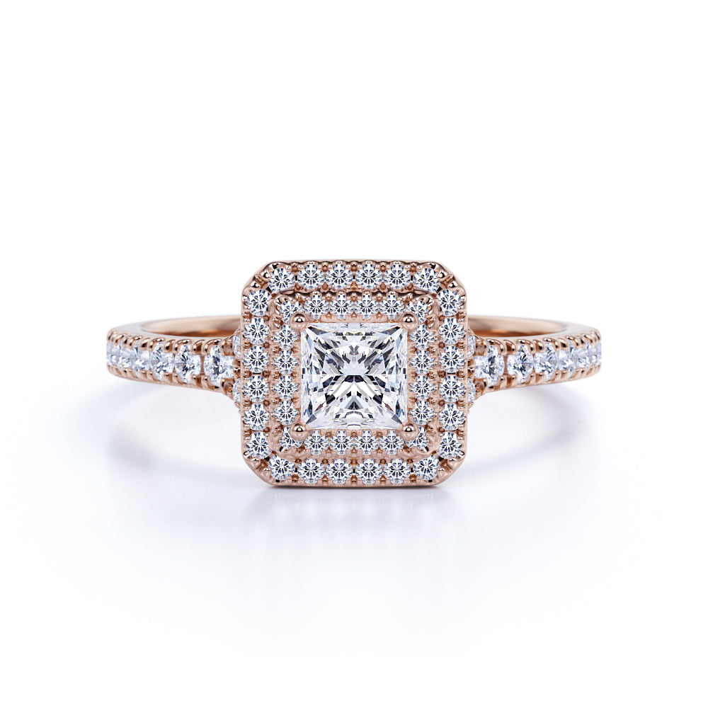 Double Halo 1.75 Carat Princess Cut Moissanite Engagement Ring