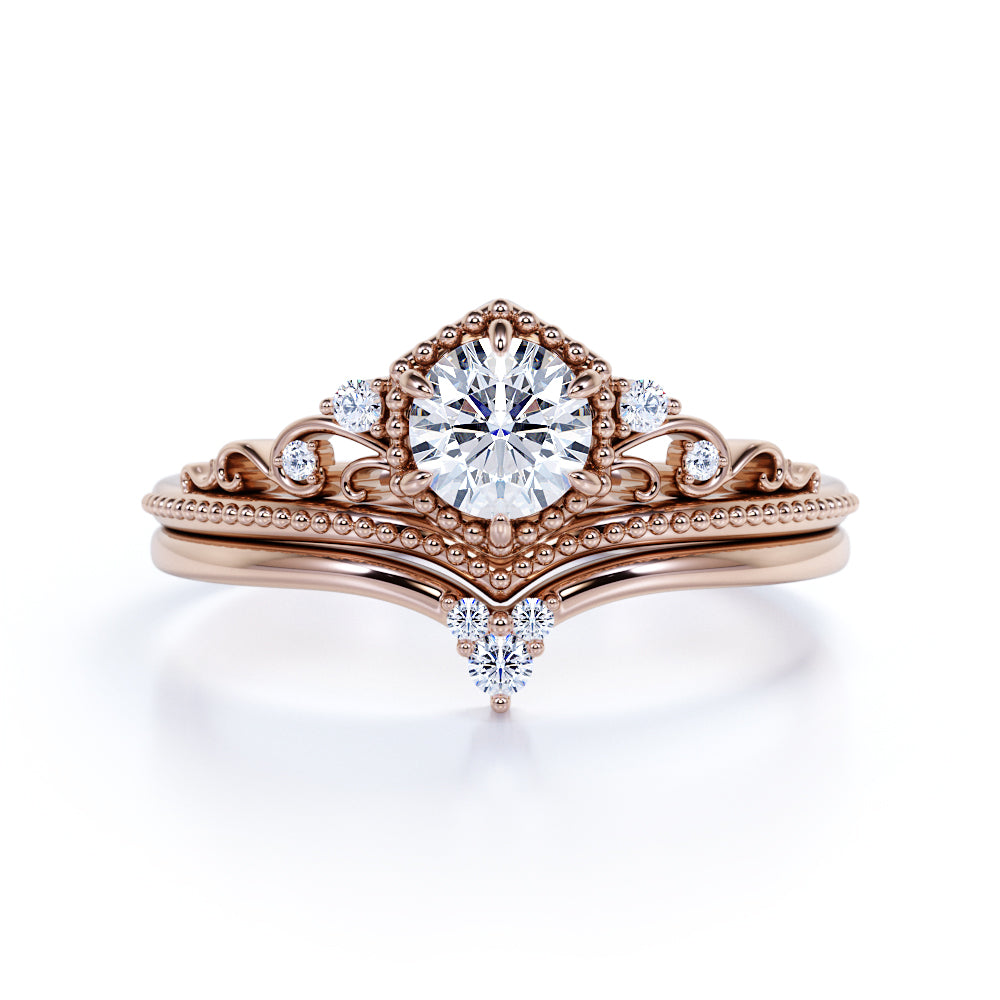 Vintage 1 Carat Round Moissanite Tiara Bridal Set