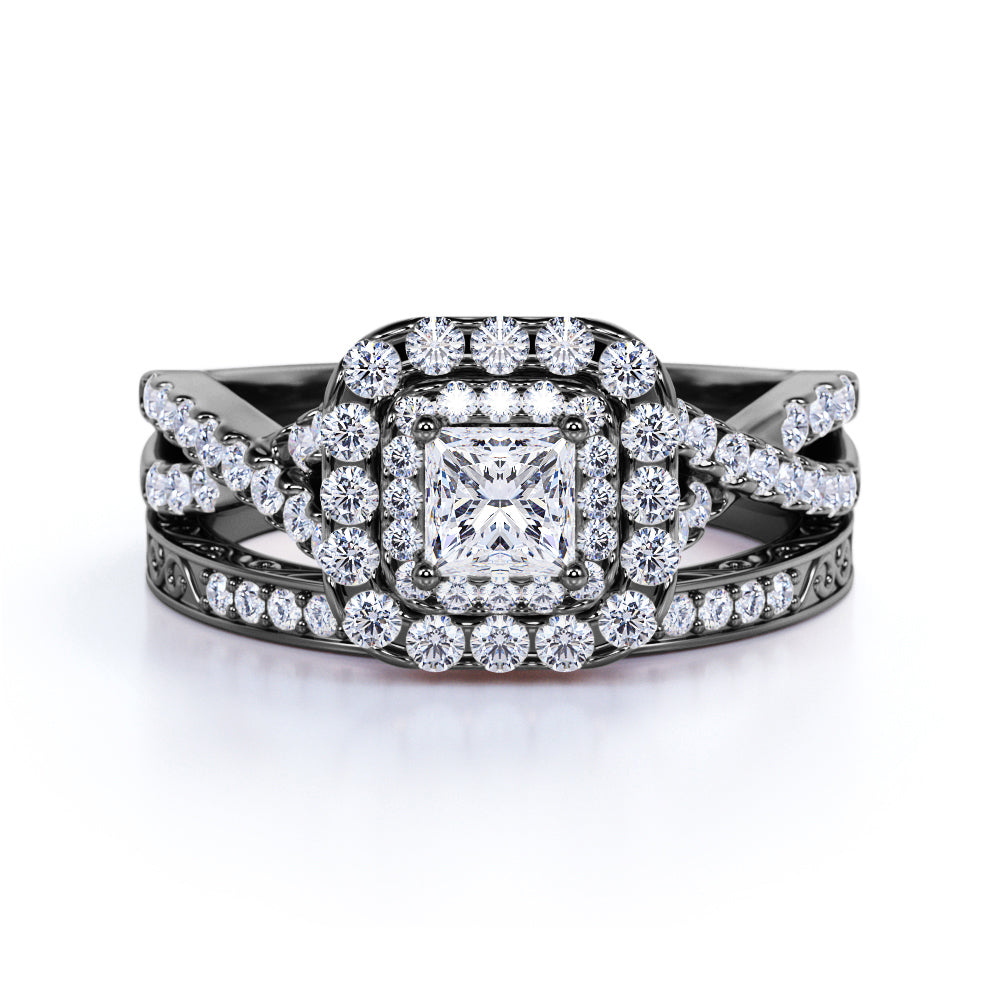 1.25 ct - Square Moissanite - Double Halo - Twisted Band - Vintage Inspired - Pave - Wedding Ring Set