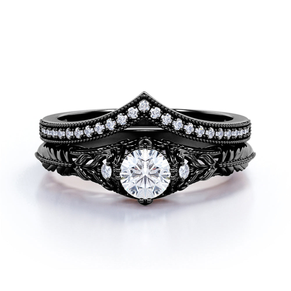 JeenMata Engraved 0.68 Carat Round Cut Real Diamond Victorian-Inspired Wedding Ring Set with Chevron Wedding Band in 10k White Gold