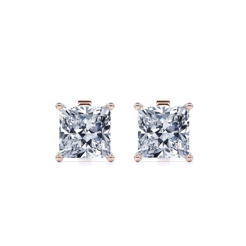 4 Carat Princess Cut Moissanite 4 Prong Solitaire Stud Earrings In 18K Rose Gold Plating Over Silver
