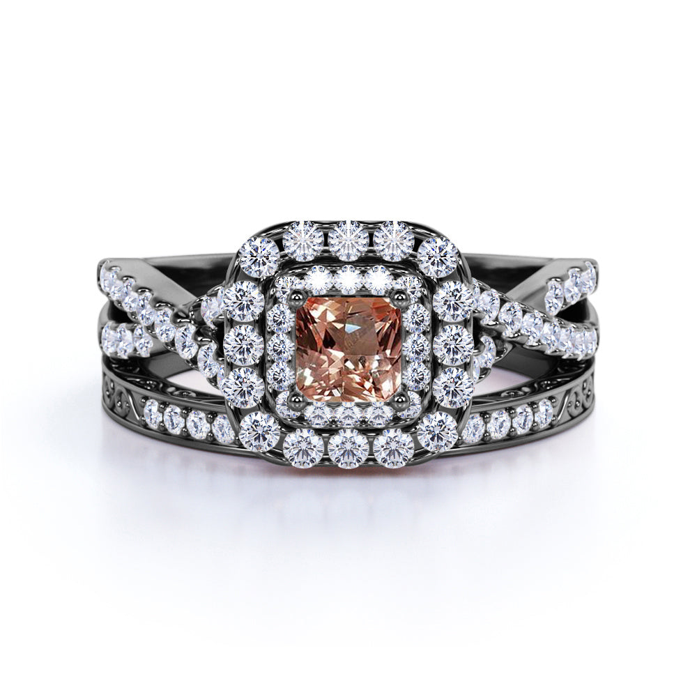 JeenMata 1.25 CT - Princess Cut - Champagne created morganite - Double Halo - Twisted Band - Vintage Inspired - Wedding Ring Set in 18K Rose Gold over Silver