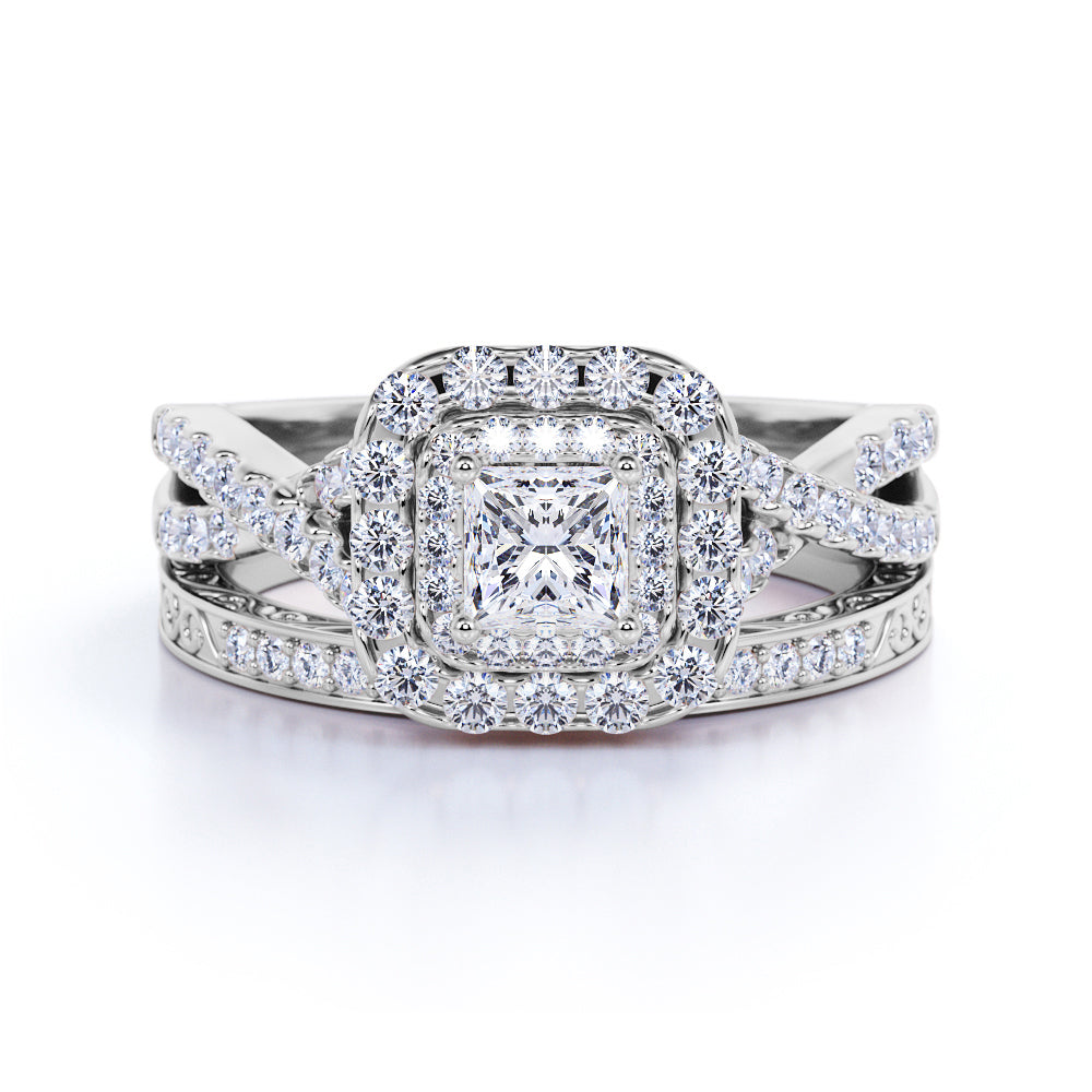 1.25 ct - Square Moissanite - Double Halo - Twisted Band - Vintage Inspired - Pave - Wedding Ring Set