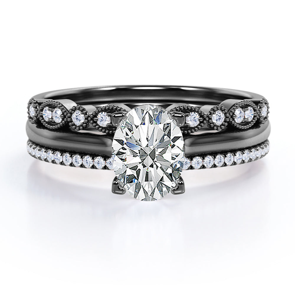 Solitaire 2 Carat Oval Cut Moissanite Art Deco Trio Set