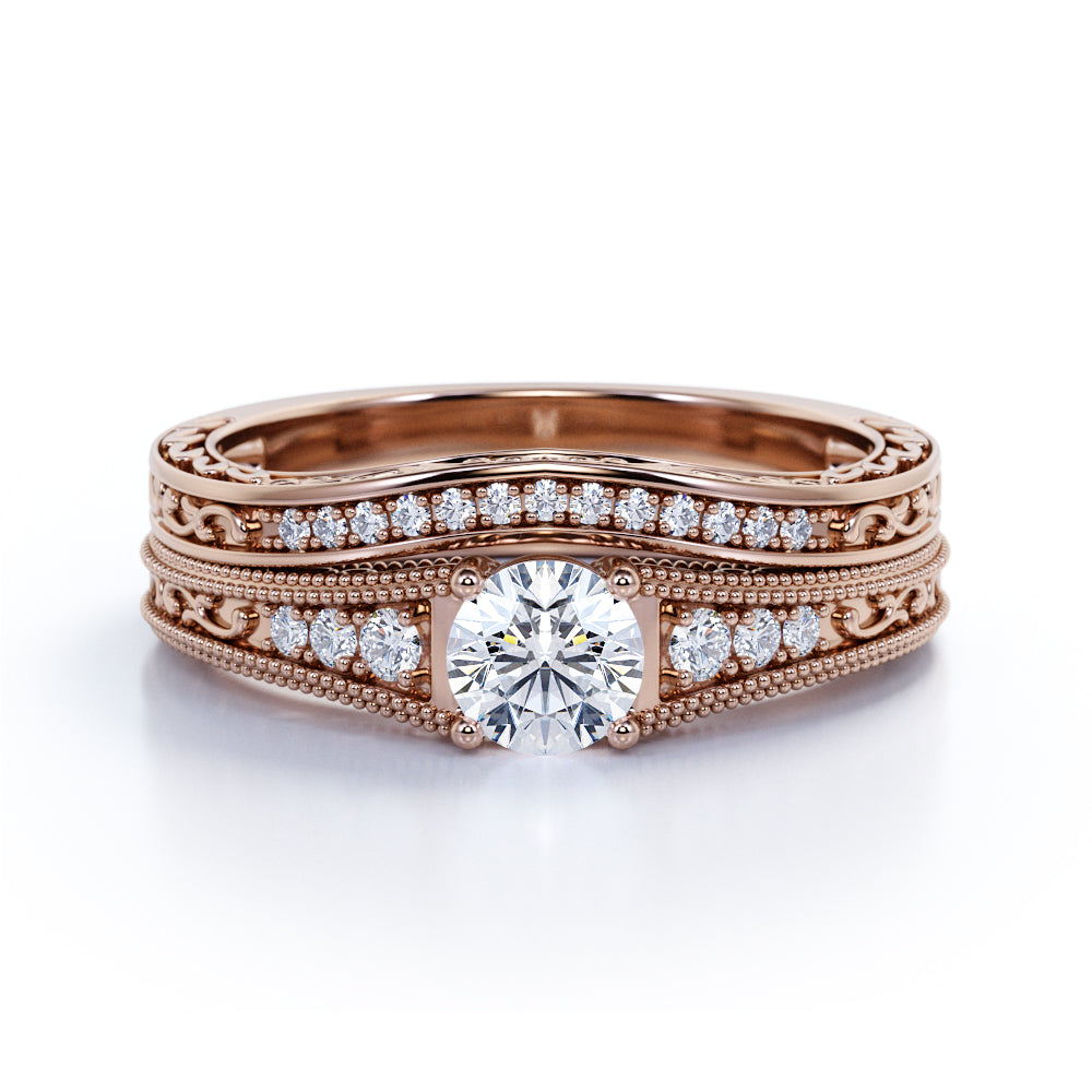 Certified 1.5 CT Round Lab Diamond Vintage Milgrain Bridal Set