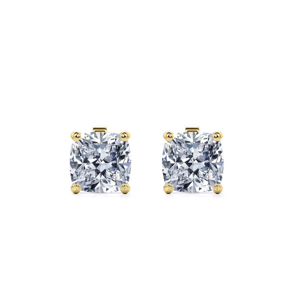 JeenMata 4 Prong - 1 Carat Cushion Cut Moissanite - Solitaire Stud Earrings in 18k Yellow Gold Plating for Women
