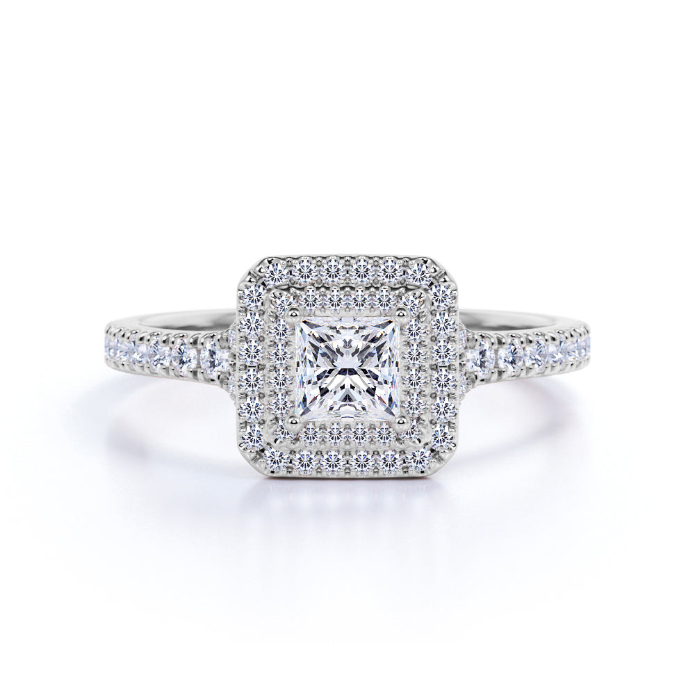 Double Halo 1.75 Carat Princess Cut Moissanite Engagement Ring