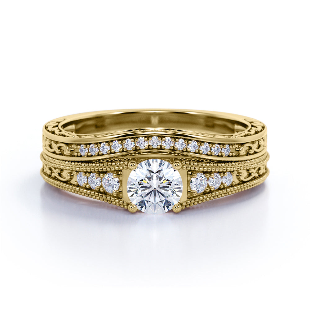 Certified 1.5 CT Round Lab Diamond Vintage Milgrain Bridal Set