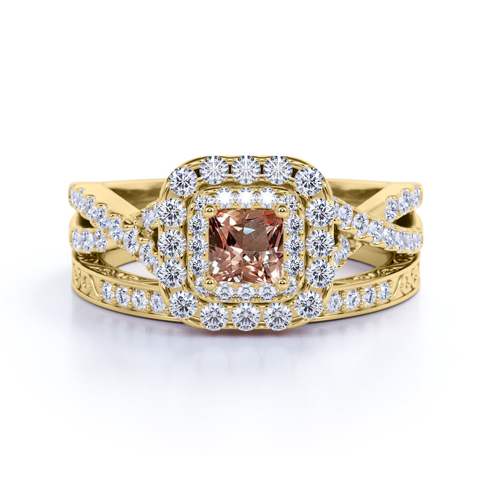 JeenMata 1.25 CT - Princess Cut - Champagne created morganite - Double Halo - Twisted Band - Vintage Inspired - Wedding Ring Set in 18K Rose Gold over Silver