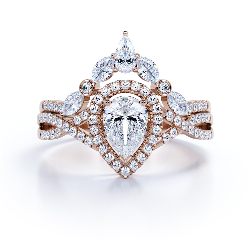 JeenMata 1.75 Carat Pear Cut Moissanite Bohemian Wedding Set - Infinity Engagement Ring with Art Deco Wedding Band in 10k White Gold