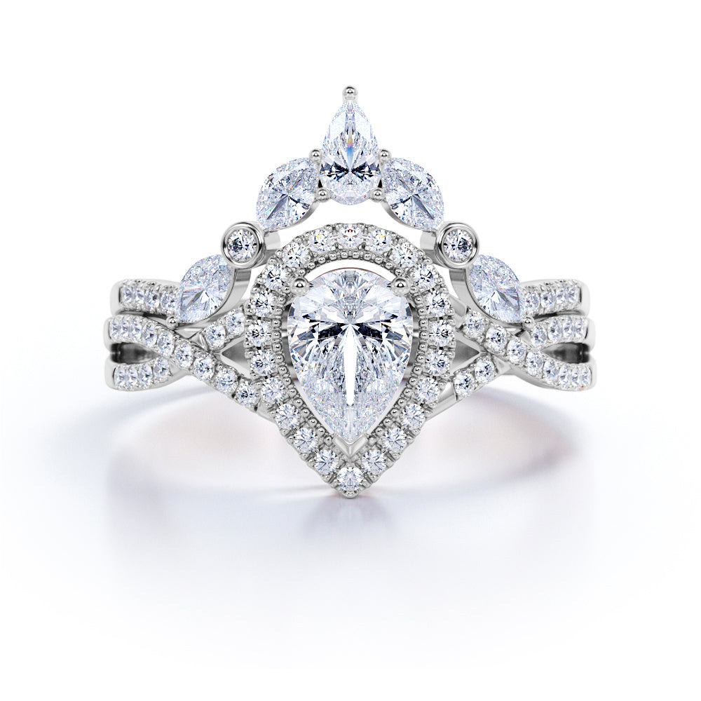 JeenMata 1.75 Carat Pear Cut Moissanite Bohemian Wedding Set - Infinity Engagement Ring with Art Deco Wedding Band in 10k White Gold
