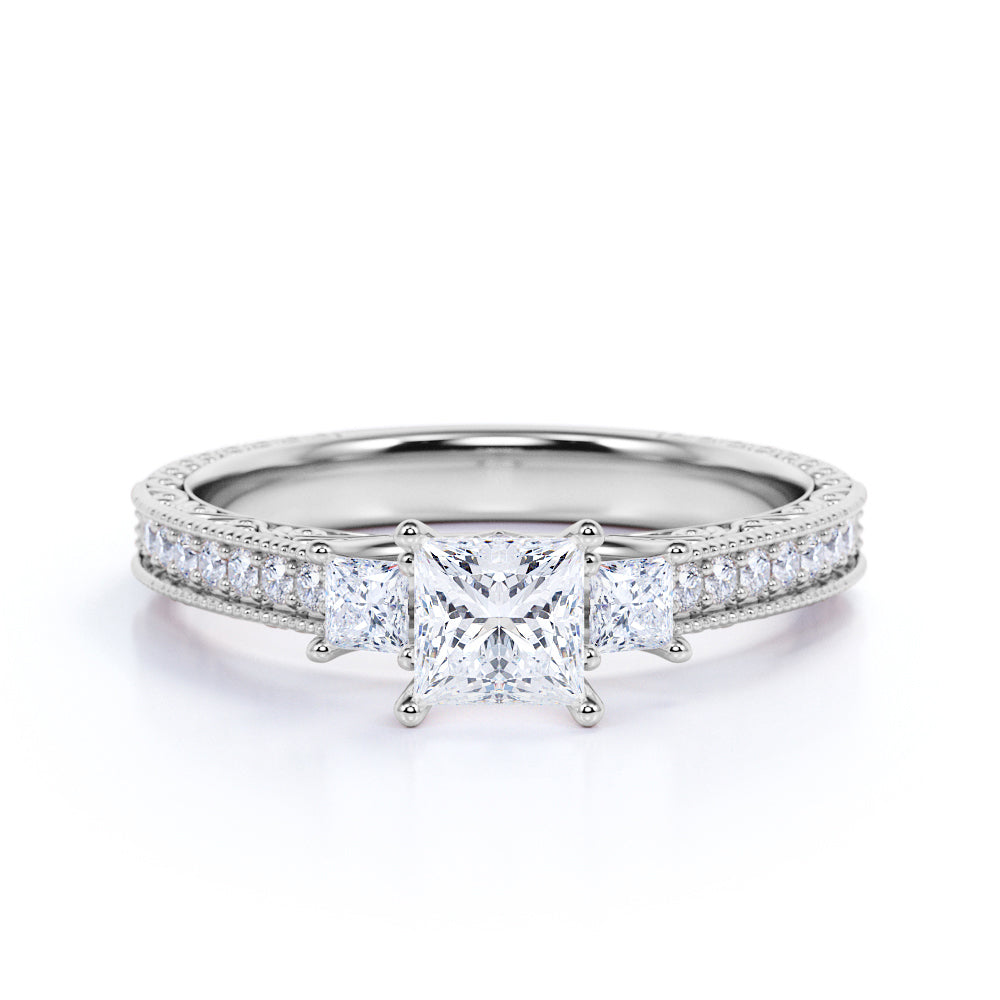 1 ct Princess Cut Moissanite Three Stone Engagement Ring