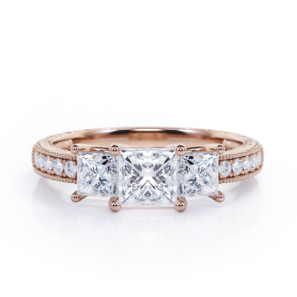 Trilogy 1.25 Carat Princess Cut Moissanite Milgrain Engagement Ring