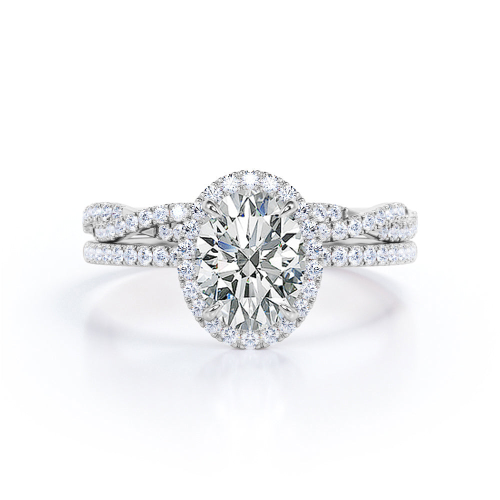 1.50 Carat Oval Cut Moissanite Halo Wedding Ring Set