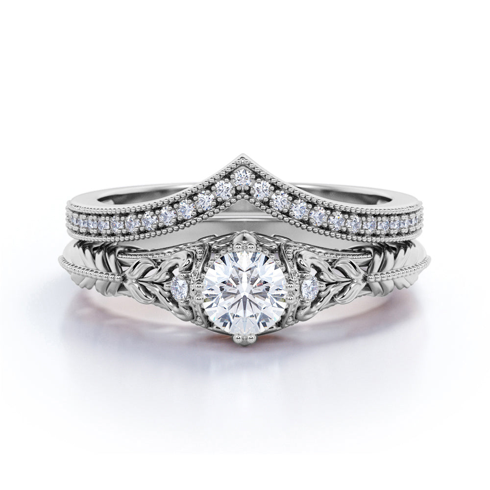 JeenMata Engraved 0.68 Carat Round Cut Real Diamond Victorian-Inspired Wedding Ring Set with Chevron Wedding Band in 10k White Gold