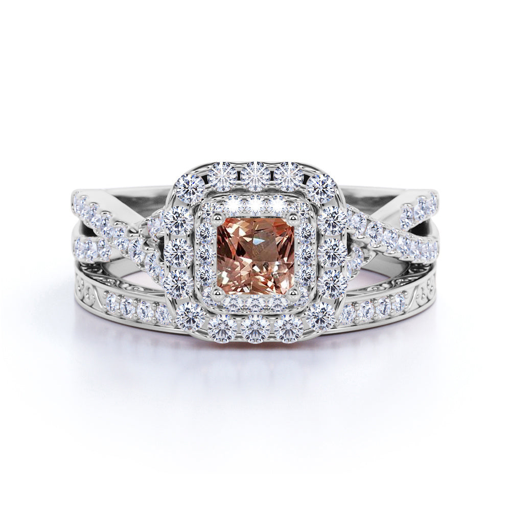 JeenMata 1.25 CT - Princess Cut - Champagne created morganite - Double Halo - Twisted Band - Vintage Inspired - Wedding Ring Set in 18K Rose Gold over Silver