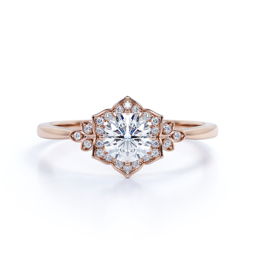 Certified 1.25 CT Round Lab Diamond Flora Halo Engagement Ring