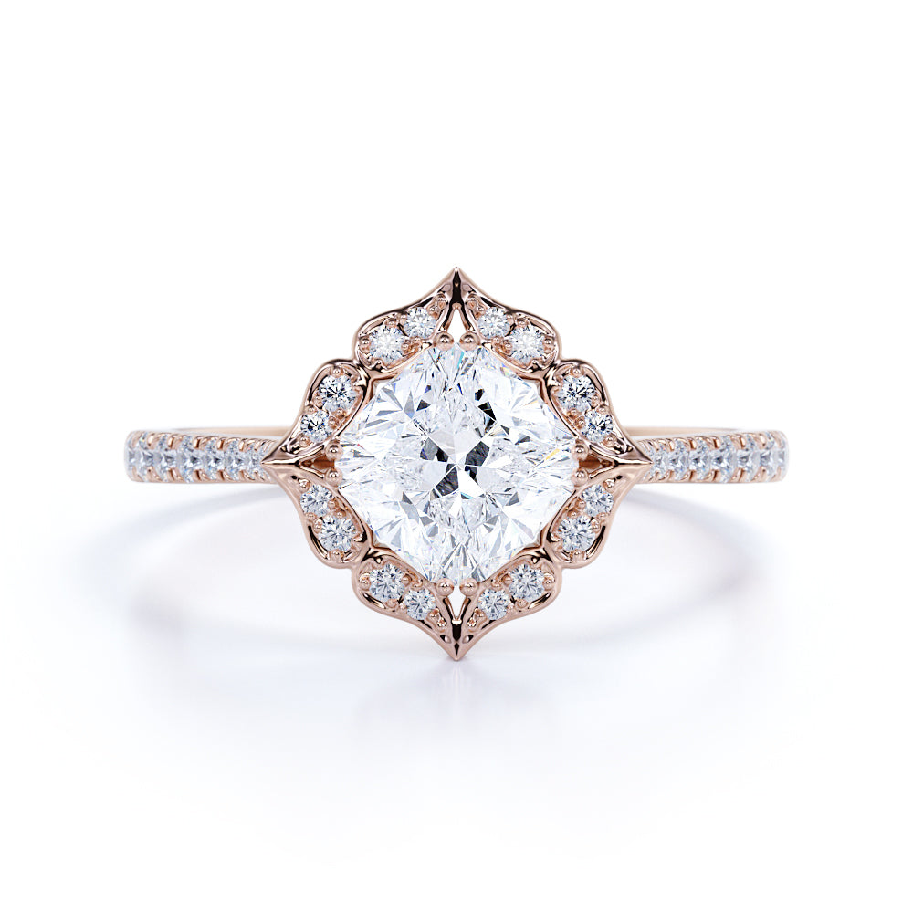 1.25 Carat Cushion Cut Moissanite Floral Engagement Ring