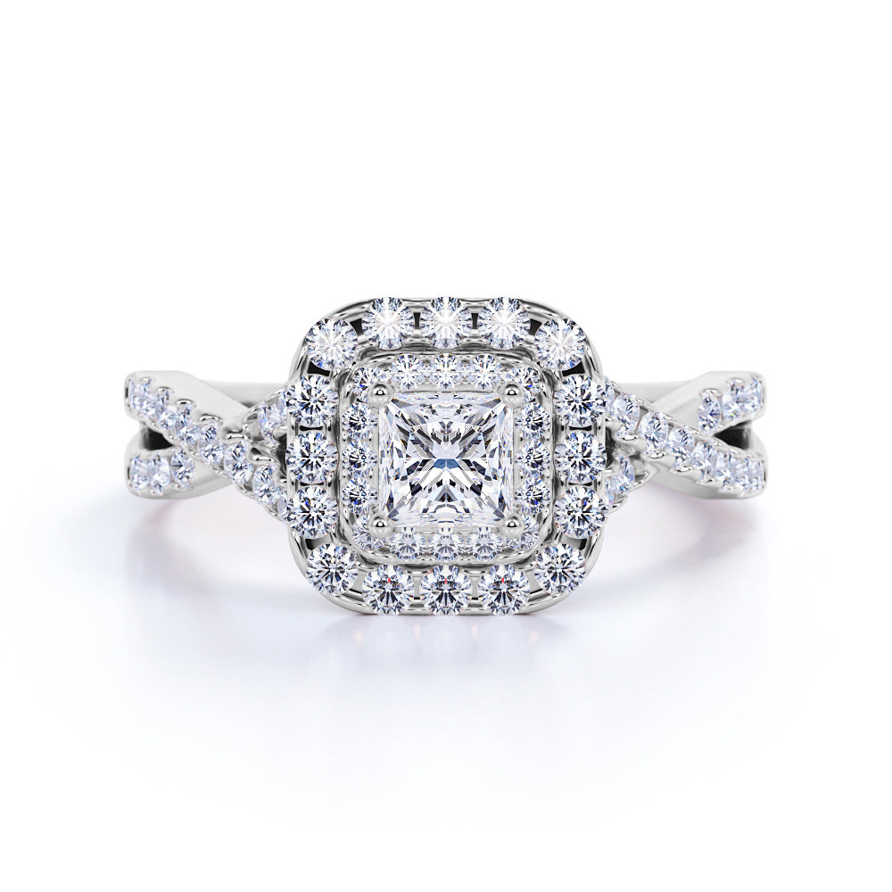 0.50 Carat - Square Cut Diamond - Twisted Band - Pave - Double Halo Engagement Ring - 10K White Gold