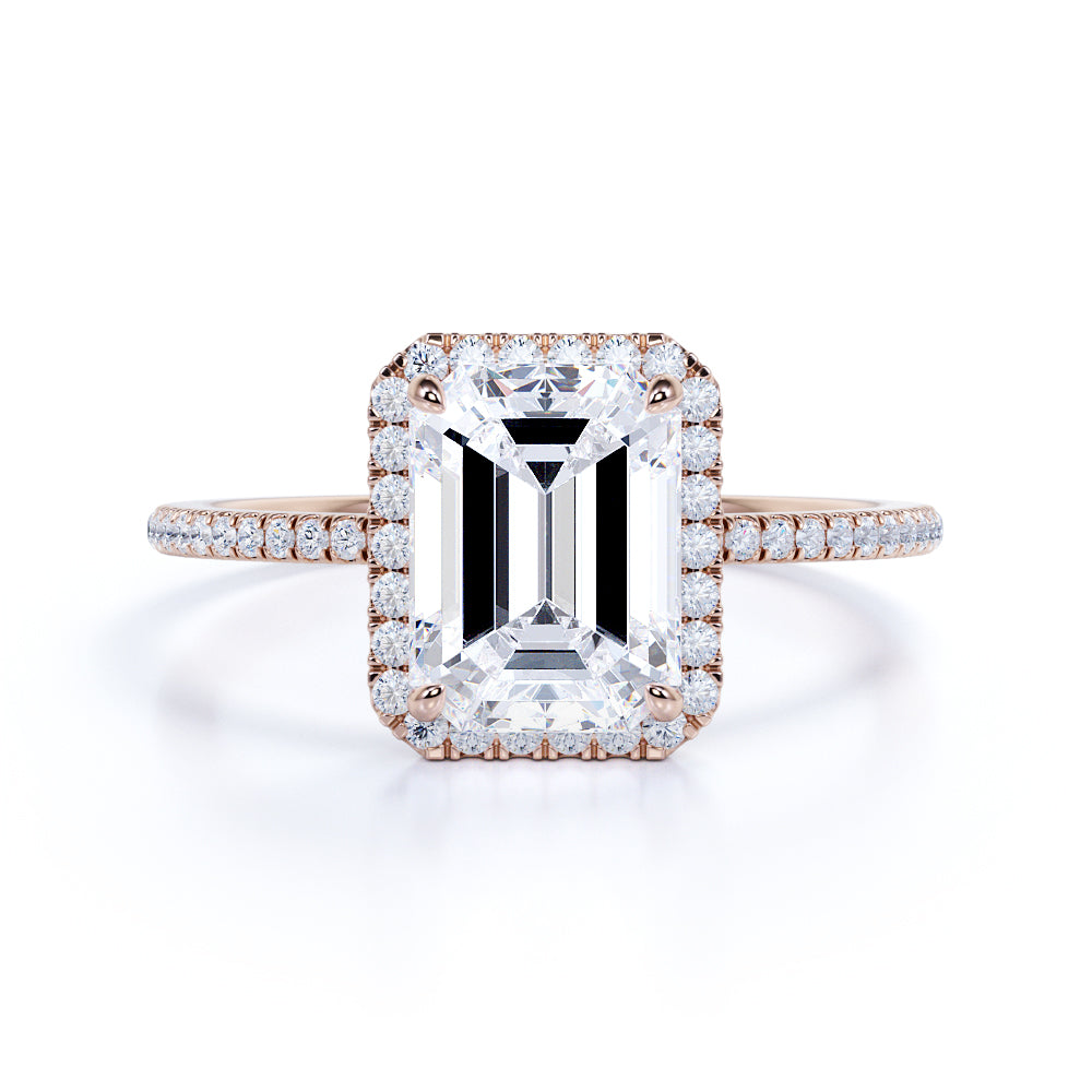 Pave Set 1.5 Carat Emerald Moissanite Halo Engagement Ring