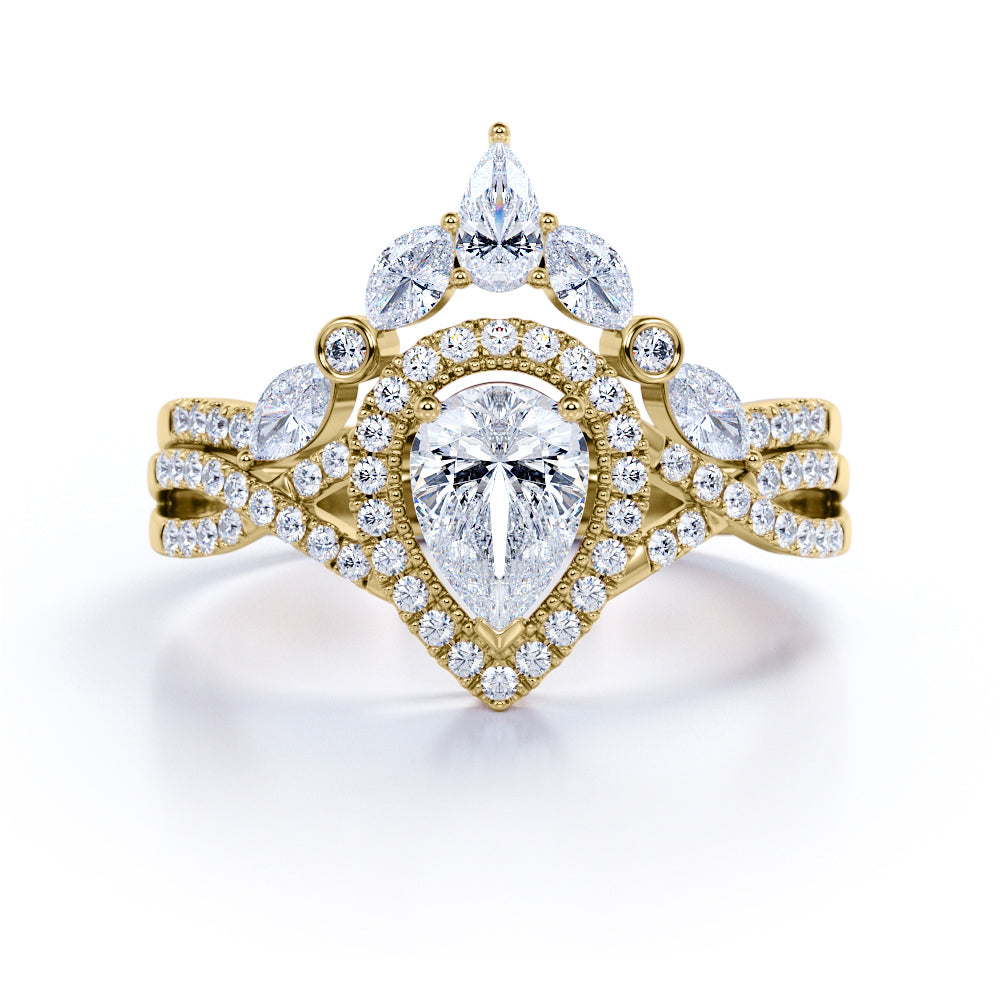 JeenMata 1.75 Carat Pear Cut Moissanite Bohemian Wedding Set - Infinity Engagement Ring with Art Deco Wedding Band in 10k White Gold