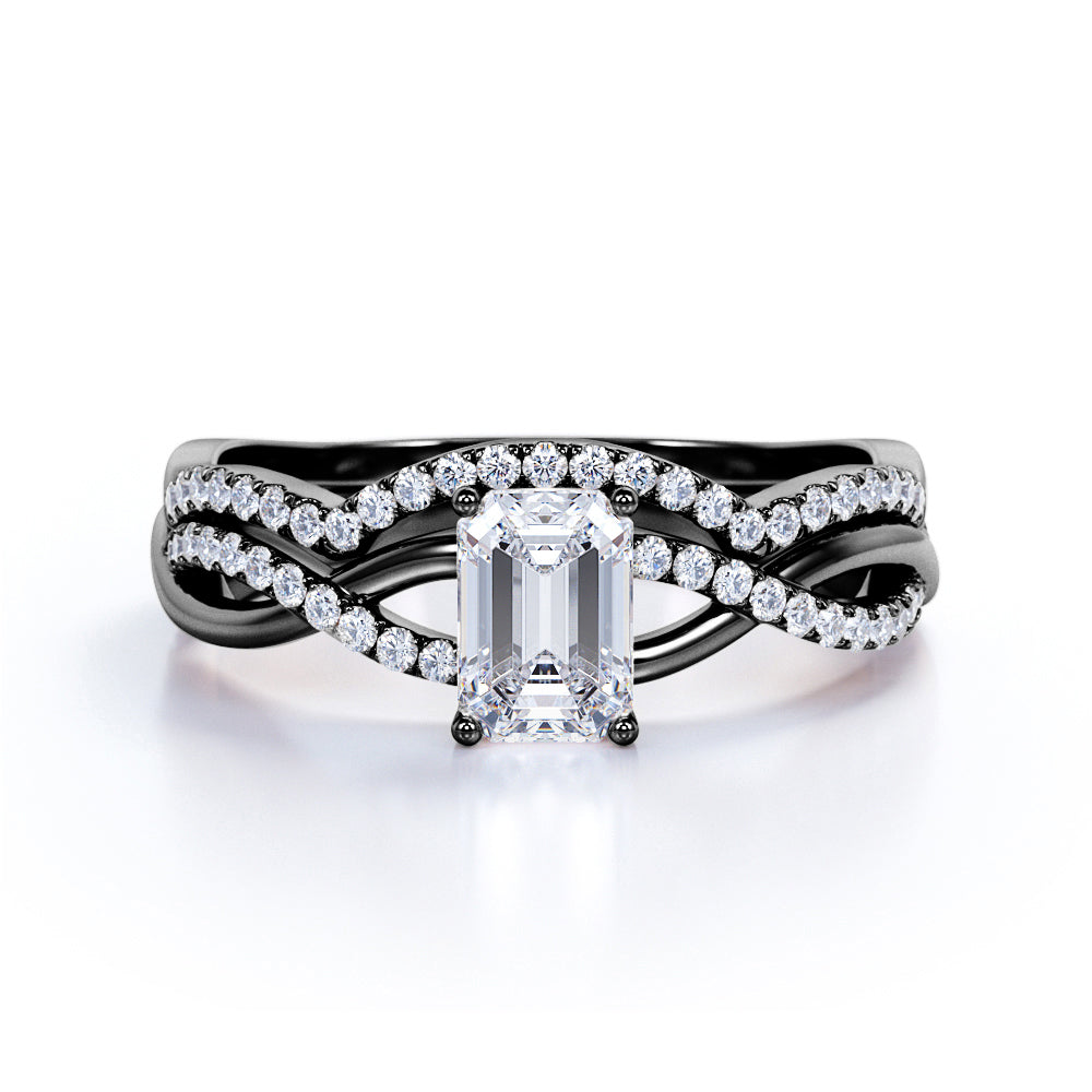 Three Stone 1.50 Carat Emerald Cut Moissanite Bridal Set