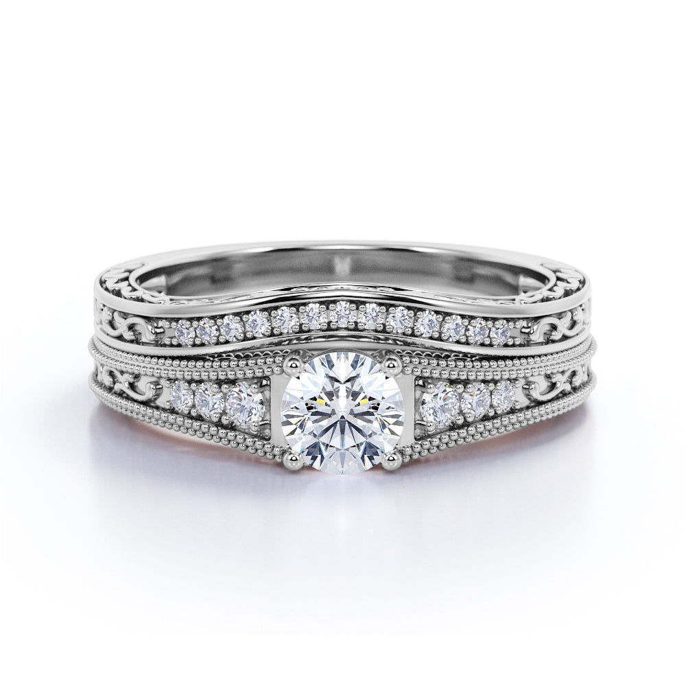 Certified 1.5 CT Round Lab Diamond Vintage Milgrain Bridal Set