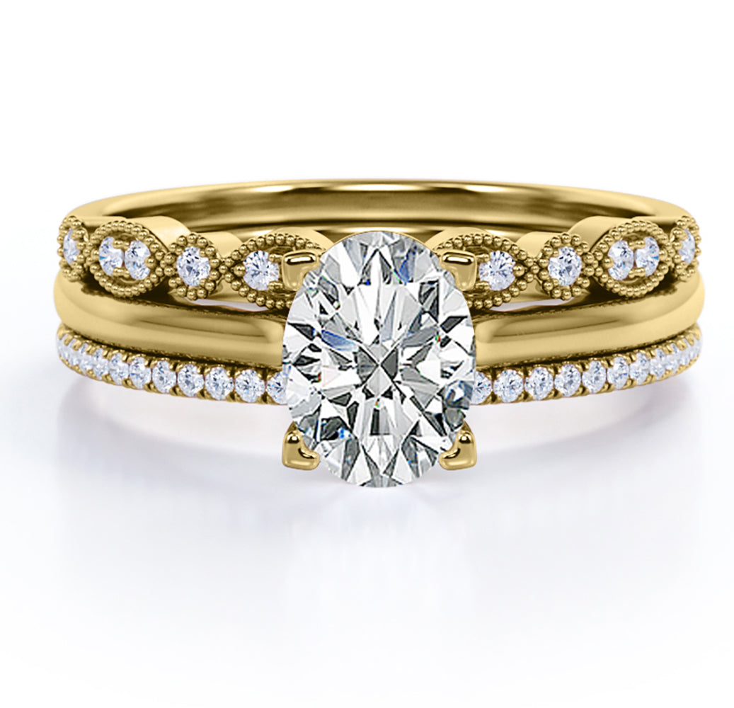 Solitaire 2 Carat Oval Cut Moissanite Art Deco Trio Set