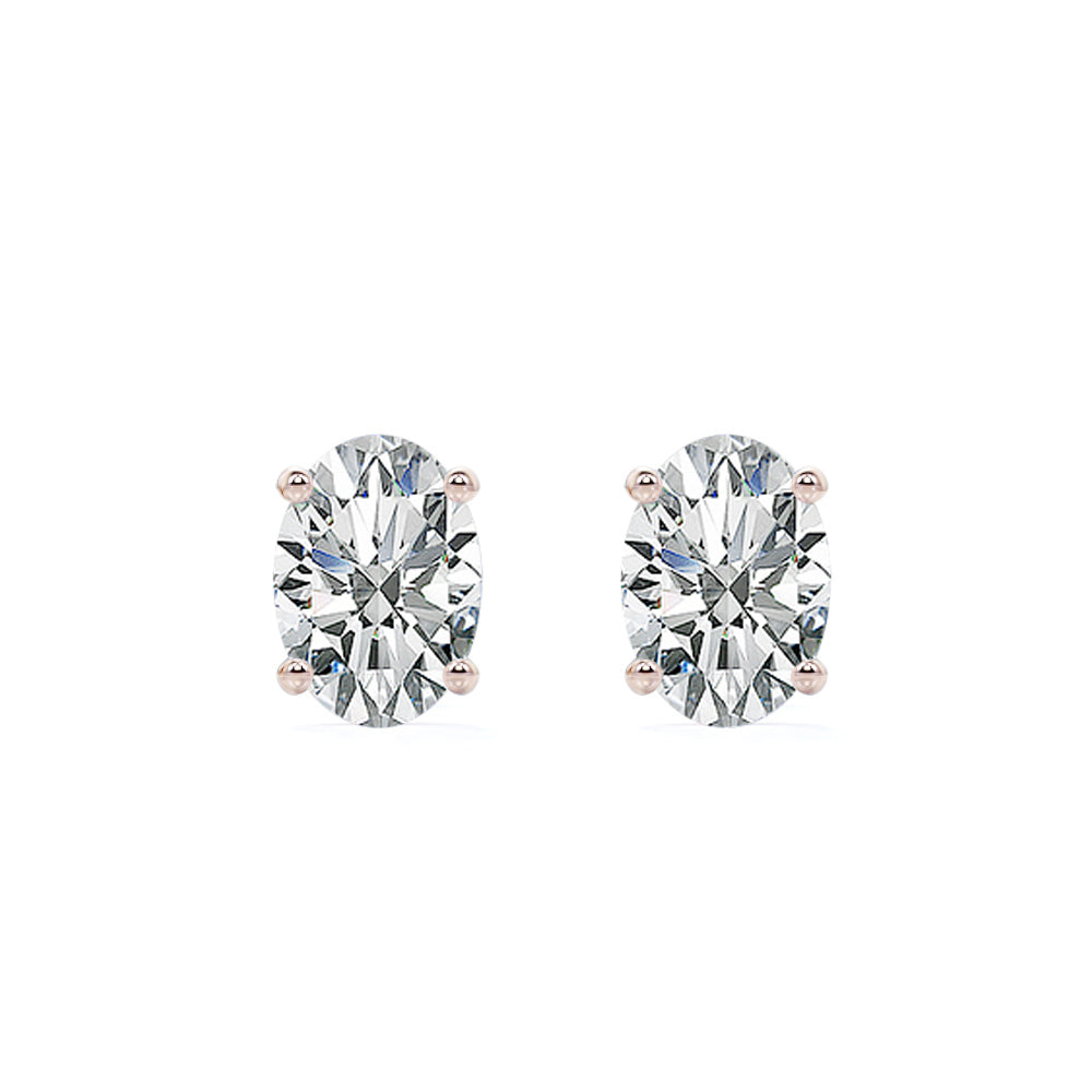 JeenMata 1 Carat Oval Cut Moissanite Solitaire Stud Earrings - 4 Prong - 18K Rose Gold Plating Over Silver