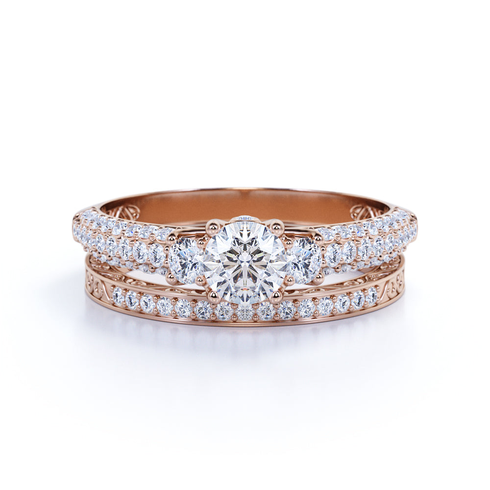 JeenMata 1.25 Carat Round Brilliant Cut Lab Grown Three Stones Diamond - Vintage Design Wedding Ring Set in 18K White Gold Plating for Women