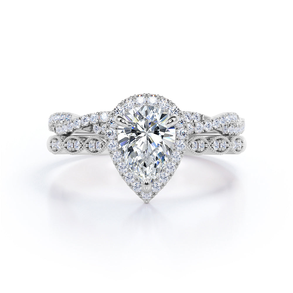 Art Deco 1.5 Carat Pear Cut Moissanite Wedding Ring Set