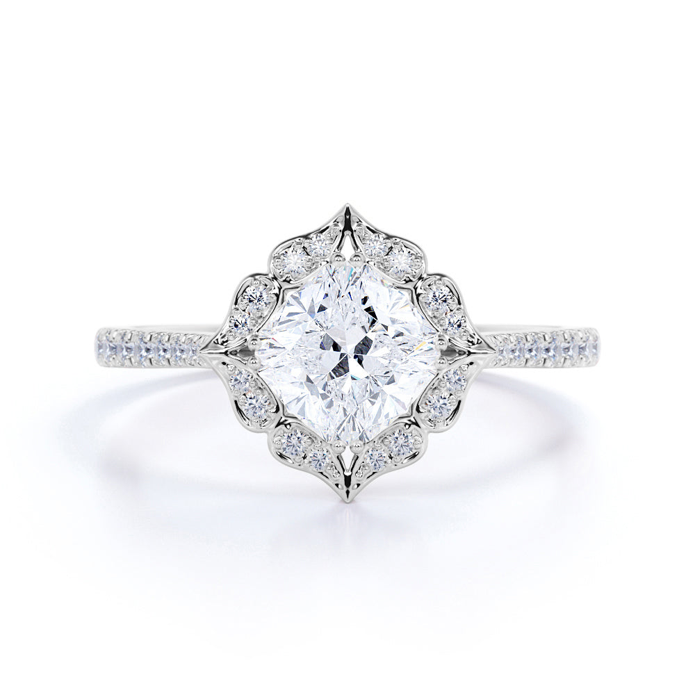 1.25 Carat Cushion Cut Moissanite Floral Engagement Ring