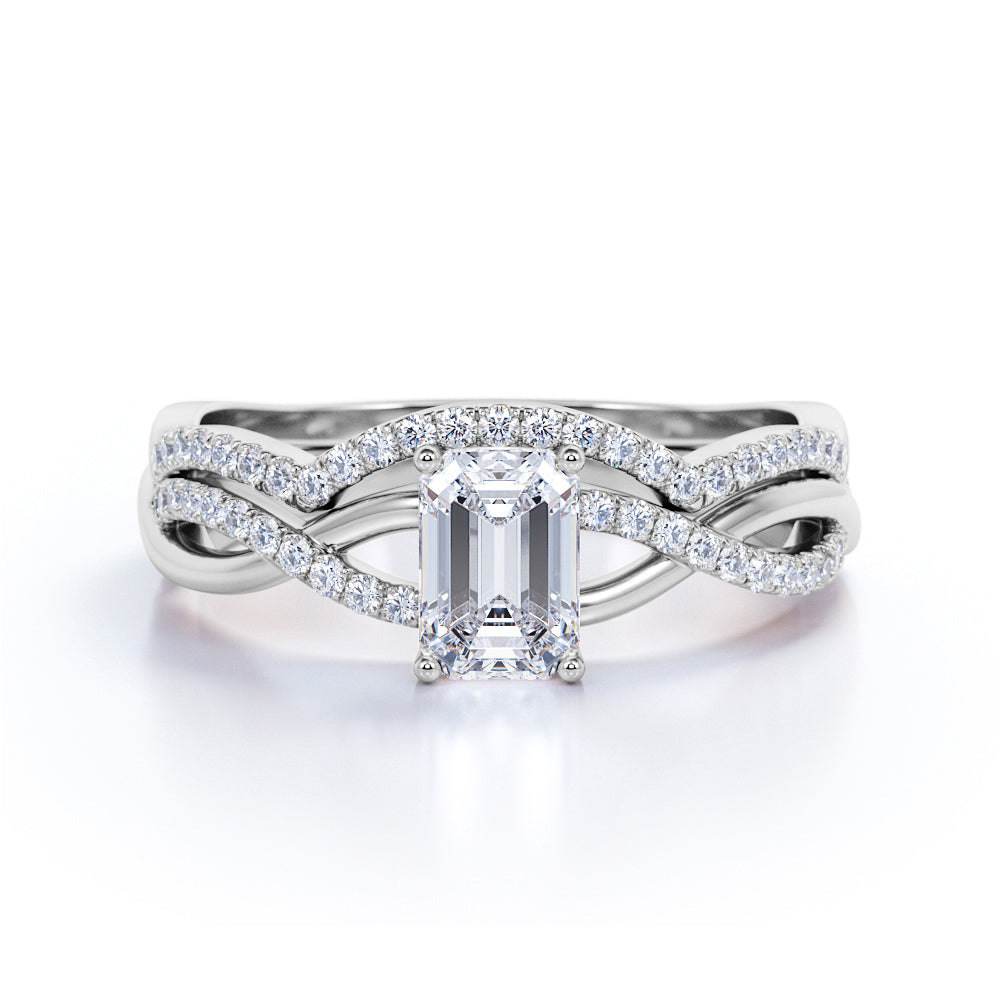 Three Stone 1.50 Carat Emerald Cut Moissanite Bridal Set