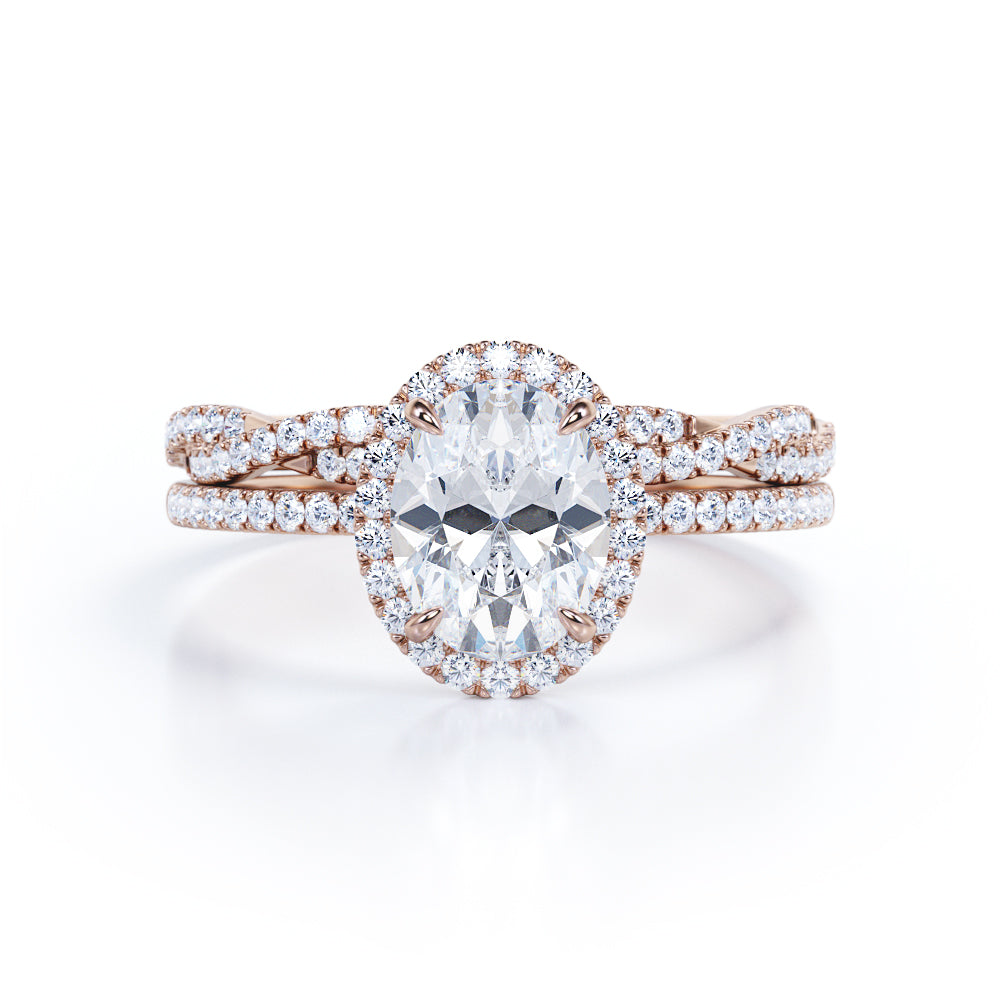 1.50 Carat Oval Cut Moissanite Halo Wedding Ring Set