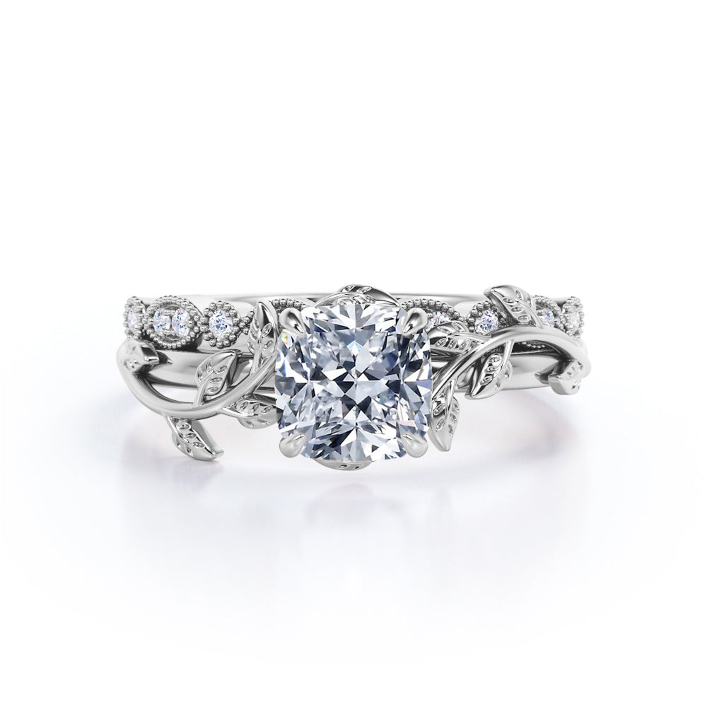 Floral 1.25 Carat Cushion Cut Moissanite Vintage Bridal Set