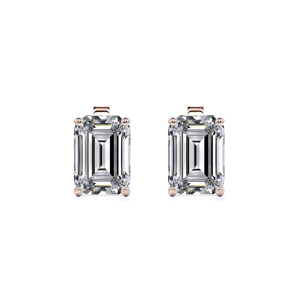 Minimalist 4 Carat Emerald Cut Moissanite Solitaire Stud Earrings In 18K White Gold Plating Over Silver