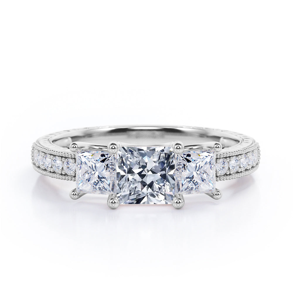 Trilogy 1.25 Carat Princess Cut Moissanite Milgrain Engagement Ring