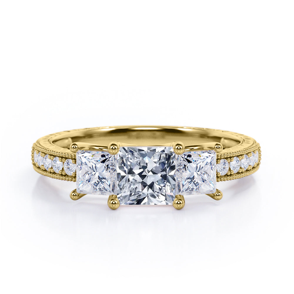 Trilogy 1.25 Carat Princess Cut Moissanite Milgrain Engagement Ring