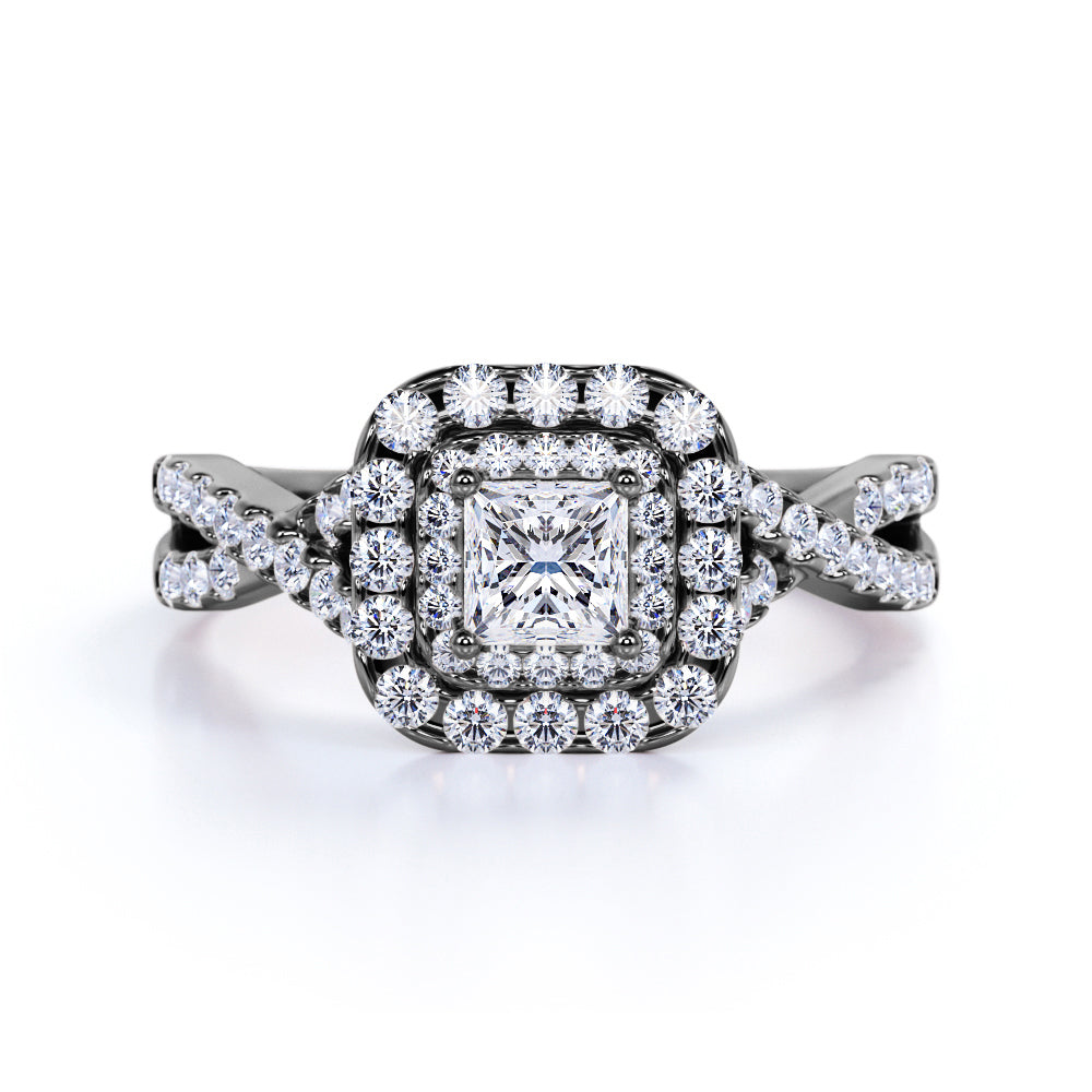 0.50 Carat - Square Cut Diamond - Twisted Band - Pave - Double Halo Engagement Ring - 10K White Gold