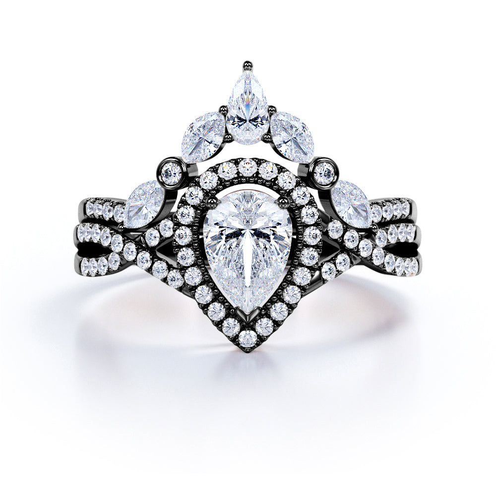 JeenMata 1.75 Carat Pear Cut Moissanite Bohemian Wedding Set - Infinity Engagement Ring with Art Deco Wedding Band in 10k White Gold