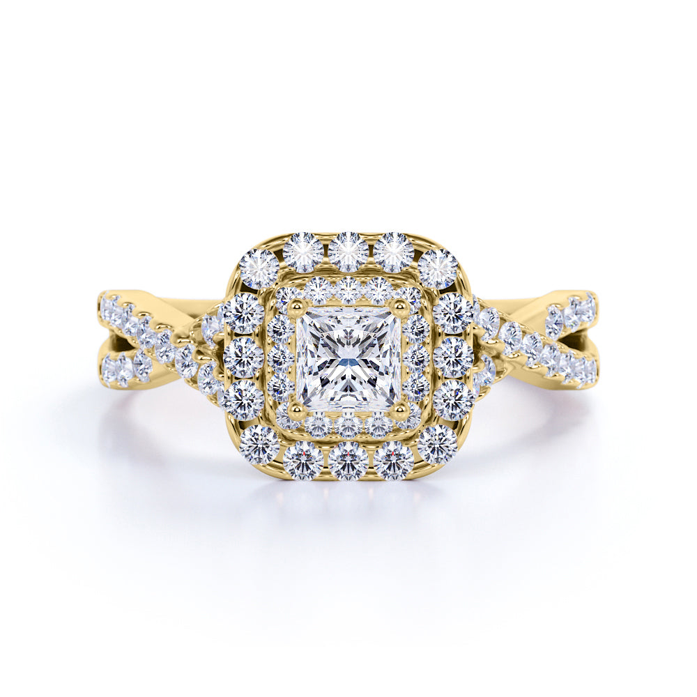 0.50 Carat - Square Cut Diamond - Twisted Band - Pave - Double Halo Engagement Ring - 10K White Gold