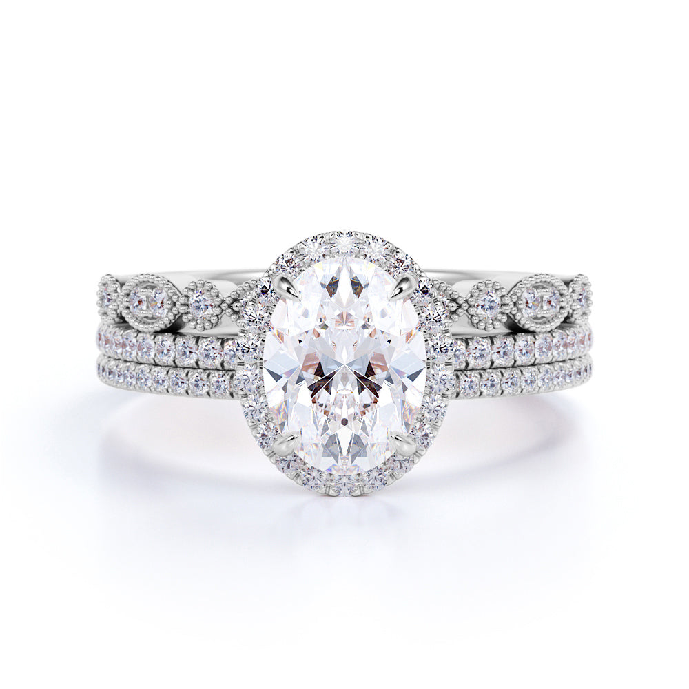 Art Deco 2 Carat Oval cut Real Moissanite Wedding Trio Ring Set with Engagement Ring and 2 Wedding Bands in 18k Gold Over Silver
