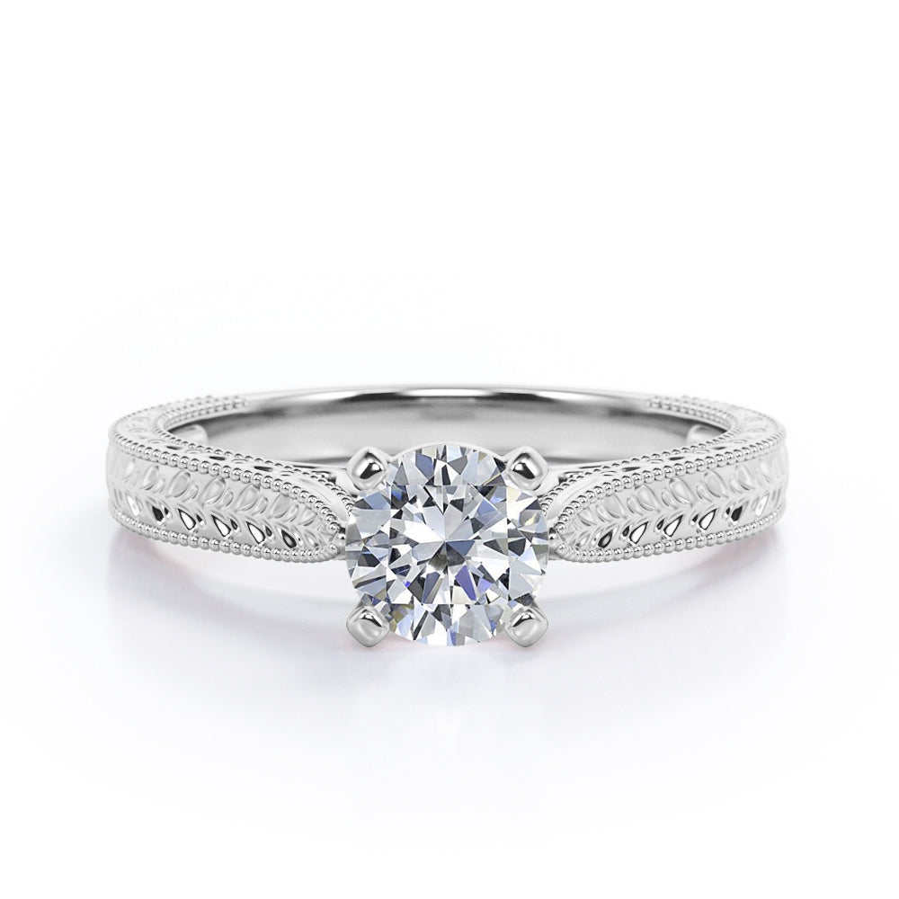 Certified 1 CT Round Lab Diamond Antique Solitaire Engagement Ring