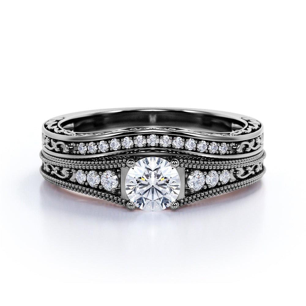 Certified 1.5 CT Round Lab Diamond Vintage Milgrain Bridal Set