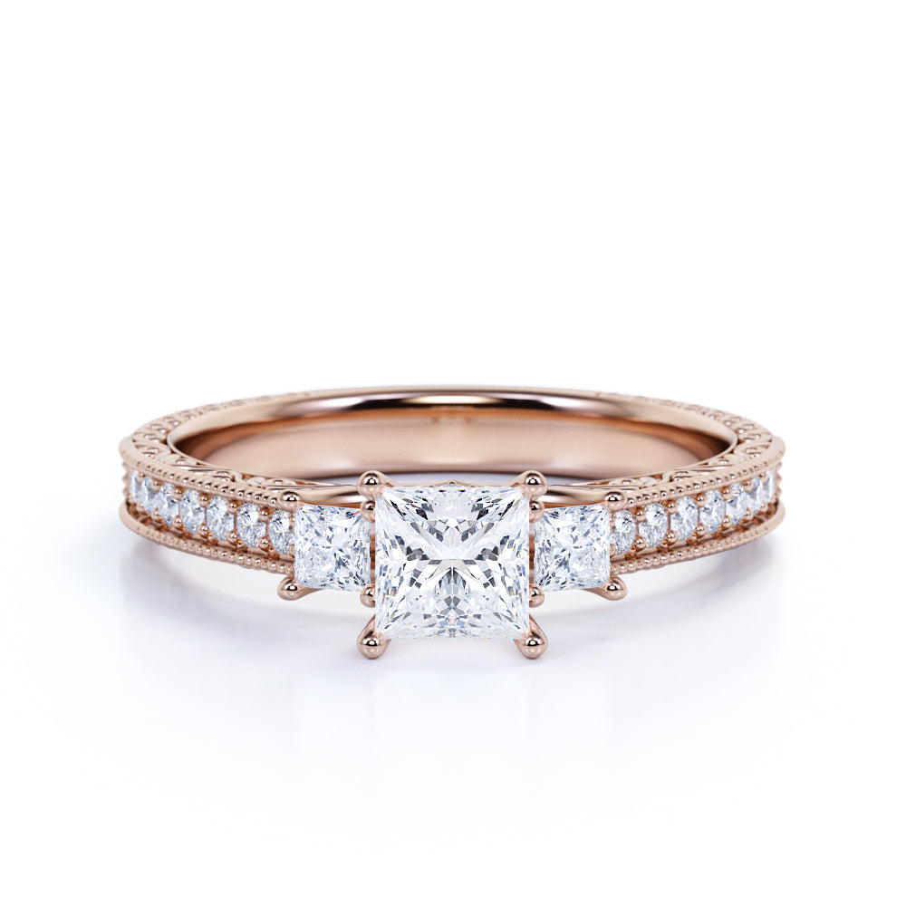 1 ct Princess Cut Moissanite Three Stone Engagement Ring