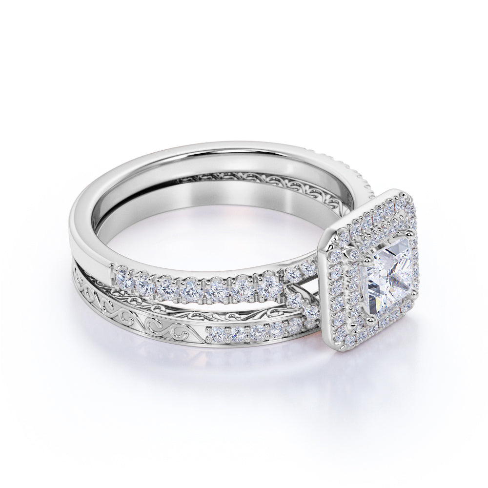 JeenMata 1.75 ct - Square Cut Moissanite - Pave Set - Split Band - Double Halo Engagement Ring - Bridal Set - 18K White Gold Plating for Women