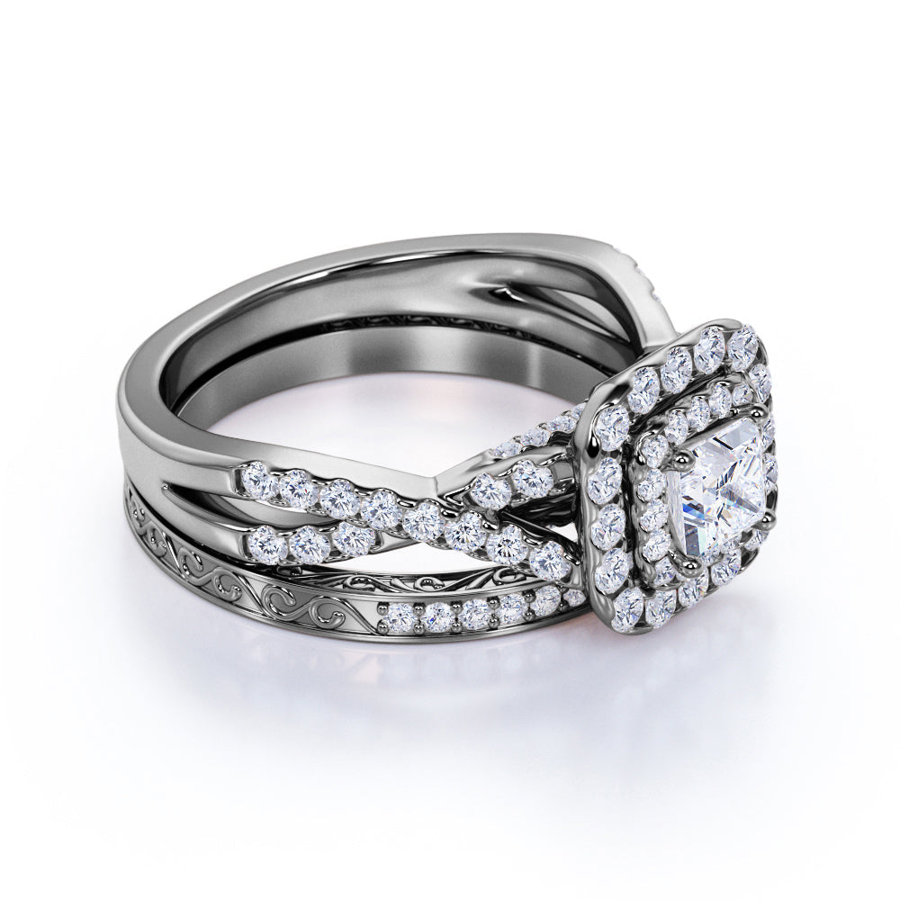 1.25 ct - Square Moissanite - Double Halo - Twisted Band - Vintage Inspired - Pave - Wedding Ring Set